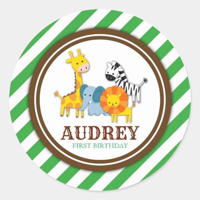 Jungle Safari Zoo Animal Birthday Baby Dusche Runder Aufkleber (Vorderseite)