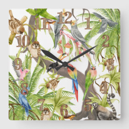 Jungle Scene Tropical Birds, Critters, Foliates Quadratische Wanduhr