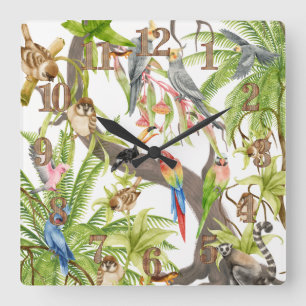 Jungle Scene Tropical Birds, Critters, Foliates Quadratische Wanduhr