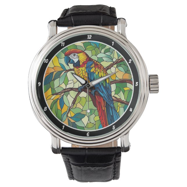 Jungle Symphony" - Stained Glass Macaw Wall Armbanduhr (Vorderseite)