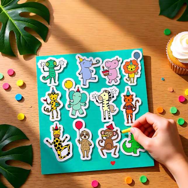 Jungle-Tiere Geburtstagstickerblatt Aufkleber (Cute Jungle Party Animals Birthday Celebration Sticker)