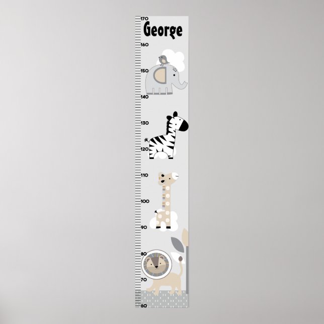 Jungle Tiere Gray Growth Chart Behielt auf 8x44! Poster (Vorne)