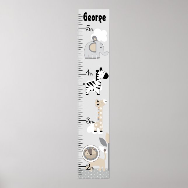 Jungle Tiere Gray Growth Chart Behielt auf 8x44! Poster (Vorne)