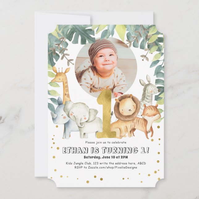 Jungle-Tiere Junge 1. Geburtstag Einladung (Vorderseite)
