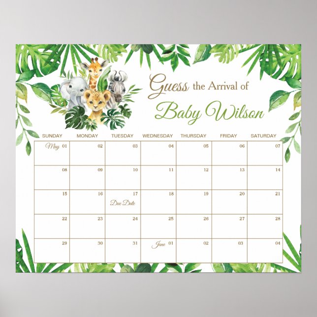 Jungle Tiere Ratet Baby's Due Date Game Sign Poster (Vorne)