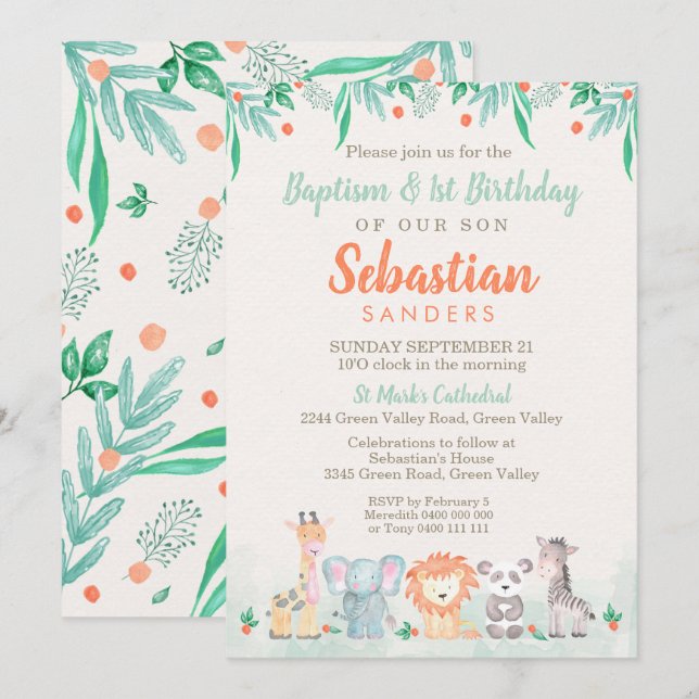 Jungle Tiere Taufe 1. Geburtstag Einladung (Vorne/Hinten)