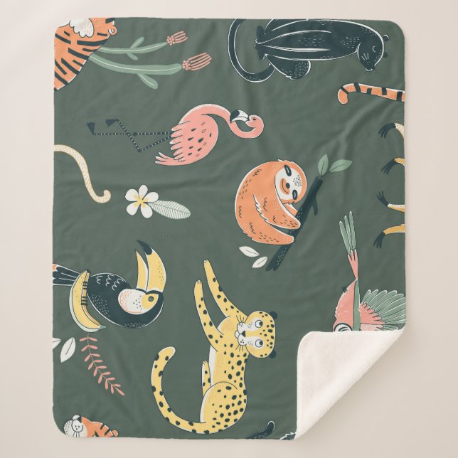 Jungle Tiere Vintag Flora Fauna Sherpadecke (Vorderseite)