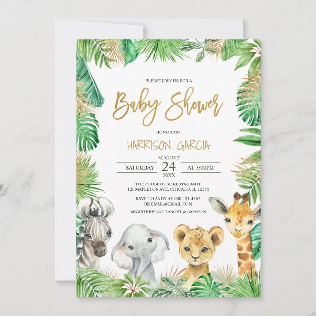 Jungle Tropical Safari Animals Baby Dusche Einladung (Vorderseite)