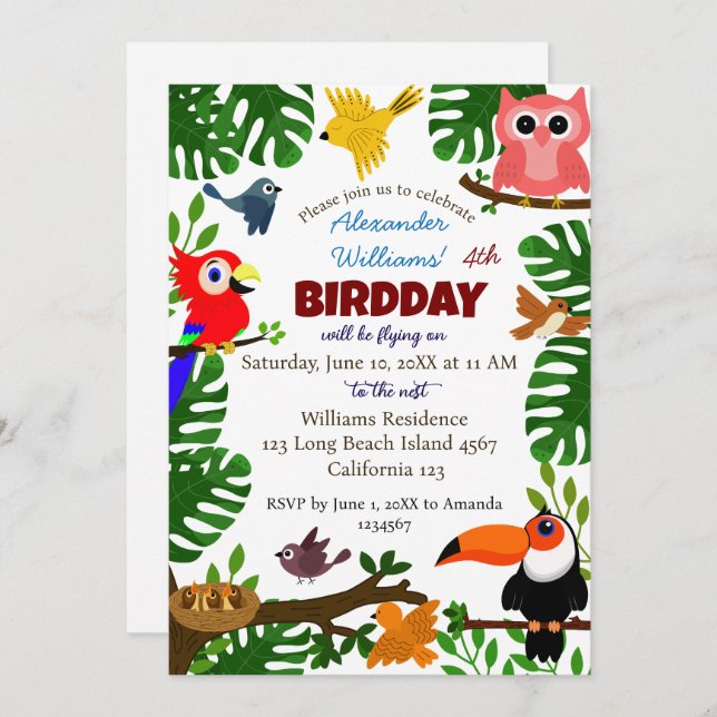 Jungle Tropical Summer Kids Bird Birthday Einladung (Vorne/Hinten)