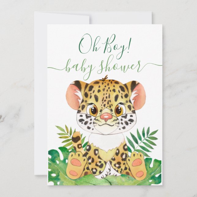 Jungle Watercolor Baby Dusche Leopard Einladung (Rückseite)