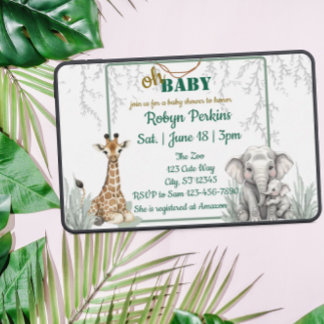 Jungle Watercolor Giraffe Elephant Babydusche Einladung