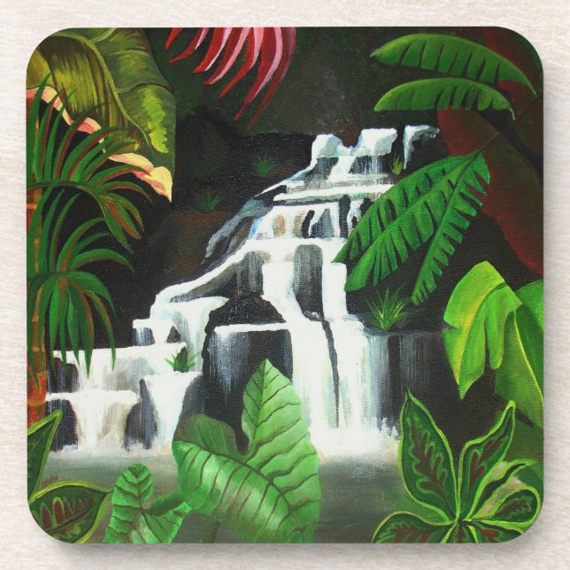 Jungle Waterfall Wilderness Akryllische Malerei Getränkeuntersetzer (Vorderseite)