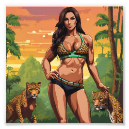 Jungle Weibliche Muskel Babe mit Leoparden Fotodruck