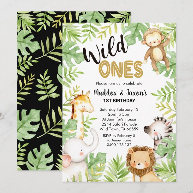 Jungle Wild Ones 1. Geburtstag Einladung Twins (Vorne/Hinten)
