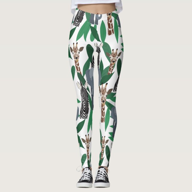 Jungle Zebra Elephant Giraffe Safari Tiere Leggings (Vorderseite)