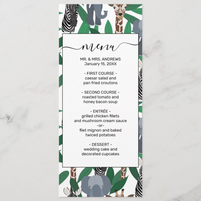 Jungle Zebra Elephant Giraffe Safari Tiere Menükarte (Vorderseite)