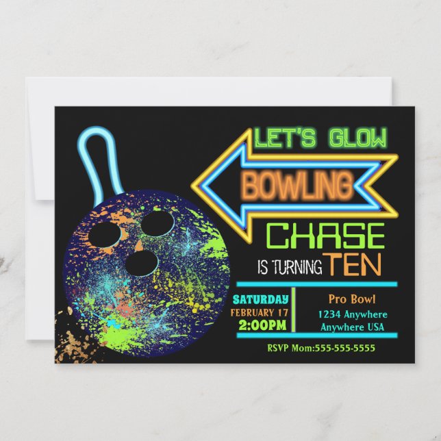 Jungs Bowling Party, Geburtstag Neon glühen Bowlin Einladung (Vorderseite)