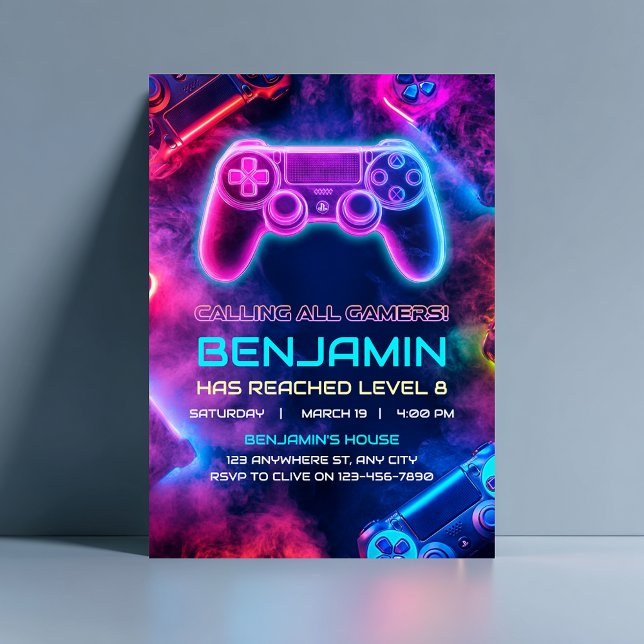 Jungs Cool Neon Gaming Controller Geburtstag Einladung (Von Creator hochgeladen)