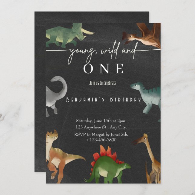Jungs Einladung zum 1. Geburtstag niedliches Dinos (Vorne/Hinten)