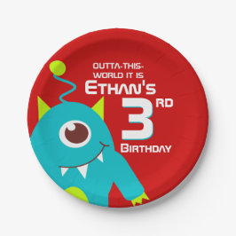 Jungs farbenfrohe Alien 3. Geburtstag personalisie Pappteller
