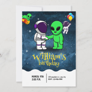 Jungs Moderner Astronaut & Alien Kindergeburtstag Einladung
