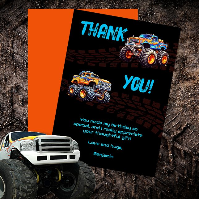 Jungs Monster Truck Bash Thema Dankeskarte (Boy's Monster Truck Theme Birthday Bash Thank You Card)