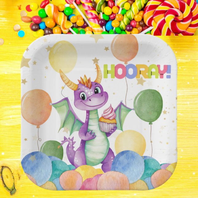 Jungs Niedlich moderne Drachen Kids Papierplatte Pappteller (Cute Dragon Birthday Party Plate - Watercolor Cupcake & Balloons - Hooray Theme - Kids Party )