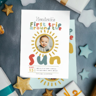 Jungs Niedliches Foto erste Reise um die Sonne Geb Einladung