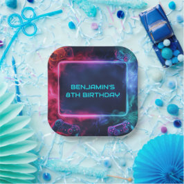 Jungs Personalisiertes Videospiel Neon Geburtstags Pappteller