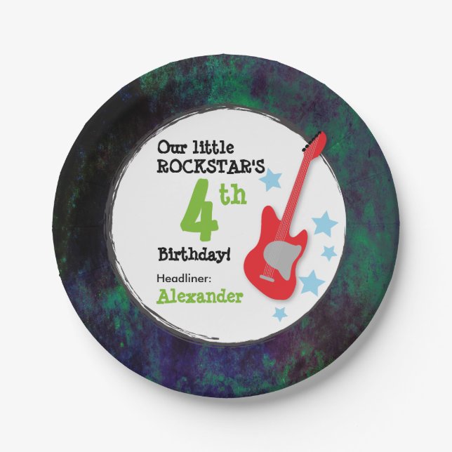 Jungs Rockstar Geburtstag mit Red Guitar Pappteller (Vorderseite)