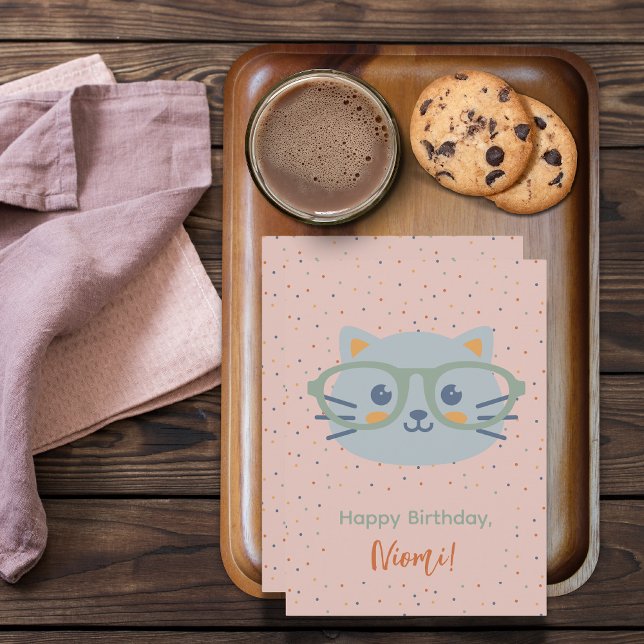 Jungtier-Katze farbige Punkte (Farm Animal Birthday Card Cat Pink Background Colorful Dots)