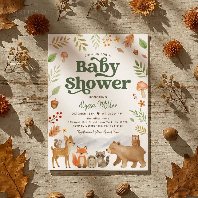 Jungtierdusche für neutrale Niedliche Tiere Einladung (Sweet woodland animal baby shower invitation in cozy autumn colors 🍁🦔🦊)