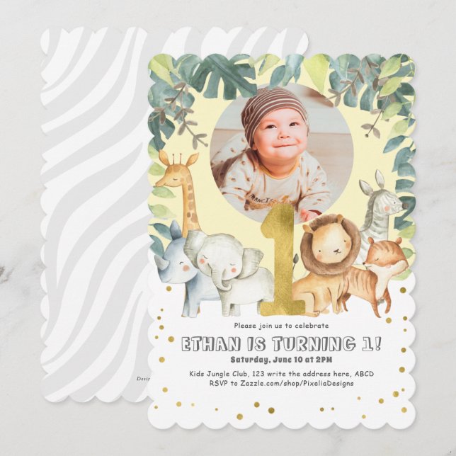 Jungtiere Junge zum ersten Geburtstag Foto Einladu Einladung (Vorne/Hinten)