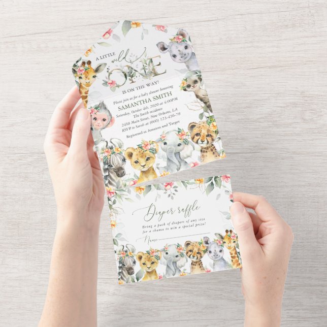 Jungtiere, Safari, Blume, Babydusche All In One Einladung (Abreißen)