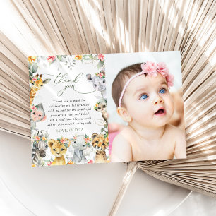 Jungtiere, Safari, Blume, erster Geburtstag Dankeskarte