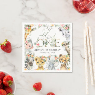 Jungtiere, Safari, Blume, erster Geburtstag Serviette