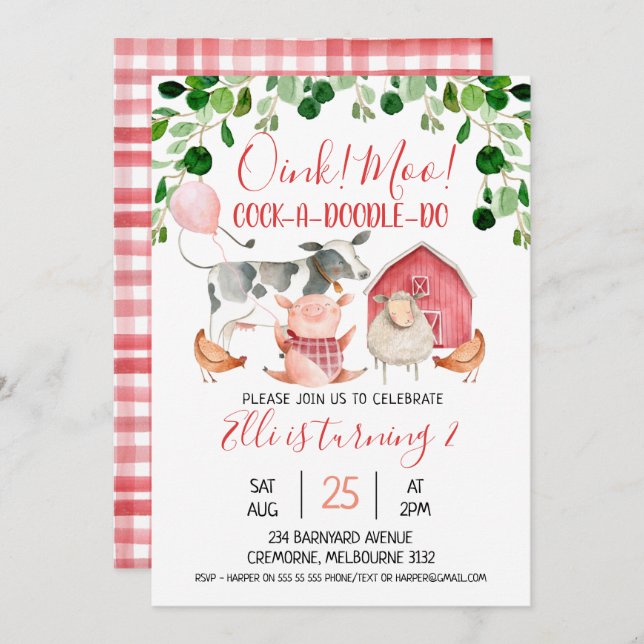 Jungtiere und Ballon Einladung zum Geburtstag (Vorne/Hinten)