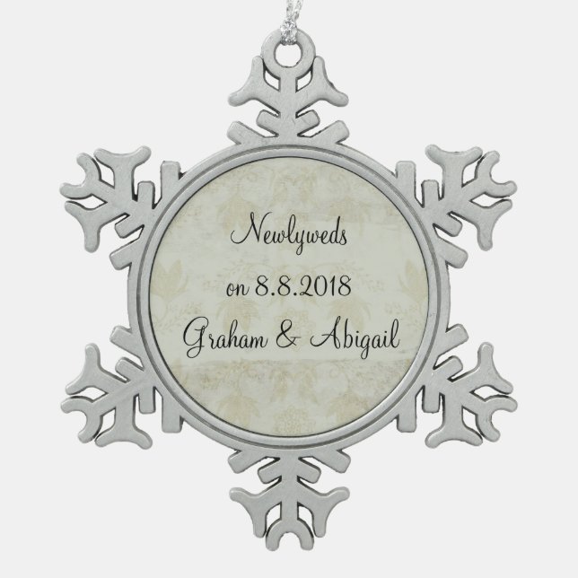 Jungvermählten Schneeflocken Zinn-Ornament (Vorderseite)