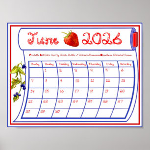 Juni 2026 Erdbeere Blaubeere Stoff Schriftrolle Poster