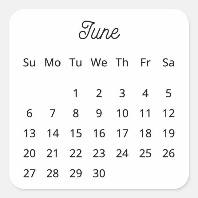 Juni 2027 Flex Start Kalender  Quadratischer Aufkleber (Vorderseite)