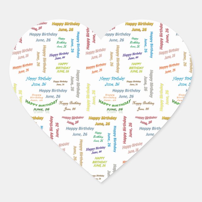 Juni, 26 Geburtstagsticker Herz-Aufkleber (Vorderseite)