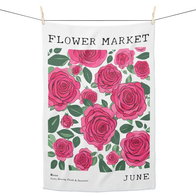 Juni Blume Markt Rosa Rose Blumendruck Geschirrtuch (Personalized June Birth Flower Market Kitchen Towel, Custom Floral Print Kitchen Towel, Rose Print)