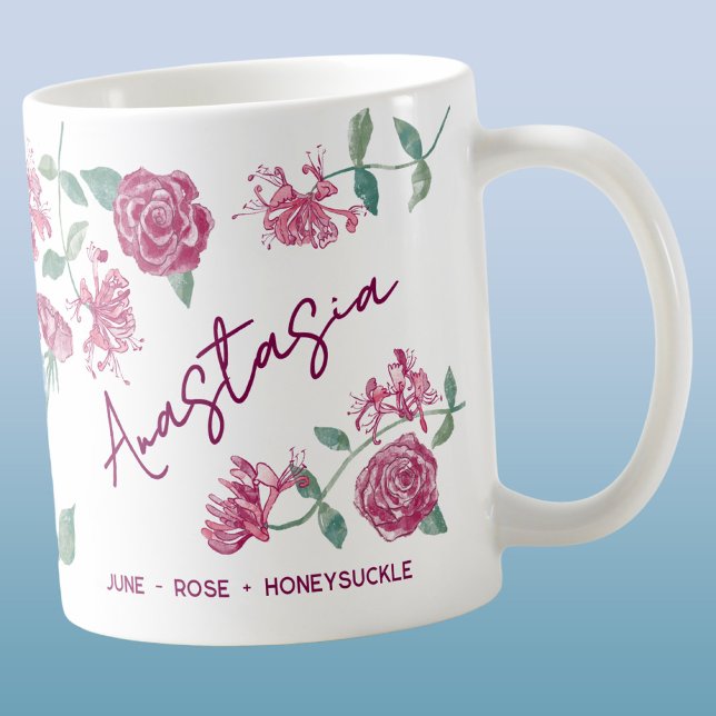 Juni-Geburtsblume Individueller Name Rose Geißblat Kaffeetasse (June birth month flower personalized custom name rose honeysuckle watercolor art coffee mug gift)