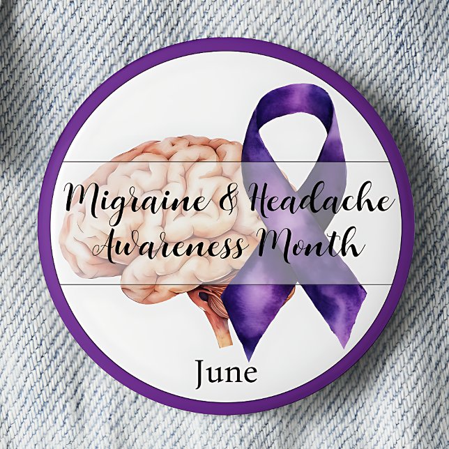 Juni Migräne & Kopfschmerzen Button (Migraine & Headache Awareness Month.  June. Purple awareness ribbon.)