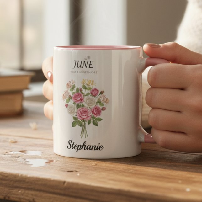 Juni Rosen Geburtsmonatsblumen Oma Geschenk Tasse (Cozy Rose & Honeysuckle – June Birthday Mug)