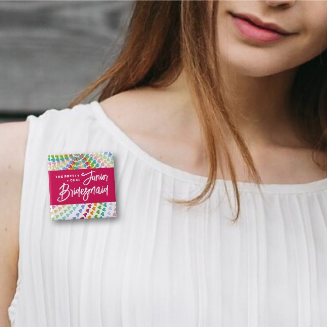 JUNIOR BRIDESMAID Rainbow Hearts Sprinkles Wedding Button (JUNIOR BRIDESMAID Rainbow Hearts Sprinkles Bridal Party / Wedding Pinback Button @ fat_fa_tin)