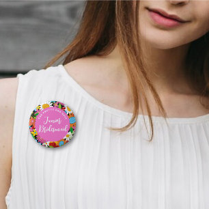 JUNIOR BRIDESMAID Spring Flowers Wedname Tag Button