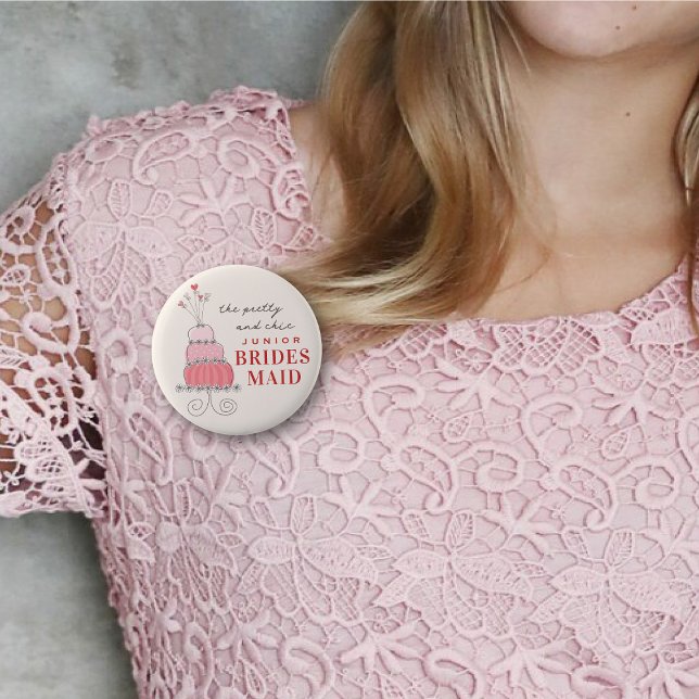 JUNIOR BRIDESMAID Sweet Pink Wedding Cake Name Tag Button (The Pretty And Chic JUNIOR BRIDESMAID Sweet Pink Wedding Cake Name Tag Pinback Button @ fat_fa_tin)