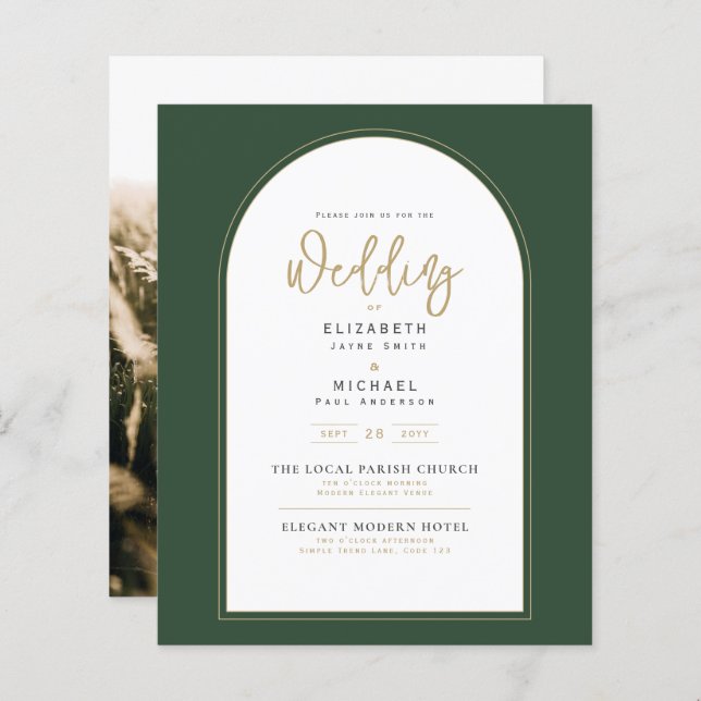 Juniper Green Gold FOTO Hochzeit Einladung BUDGET (Vorne/Hinten)