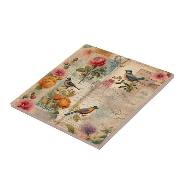Junk Journal Seite mit Blumen + Vögel -  Fliese (Seite)